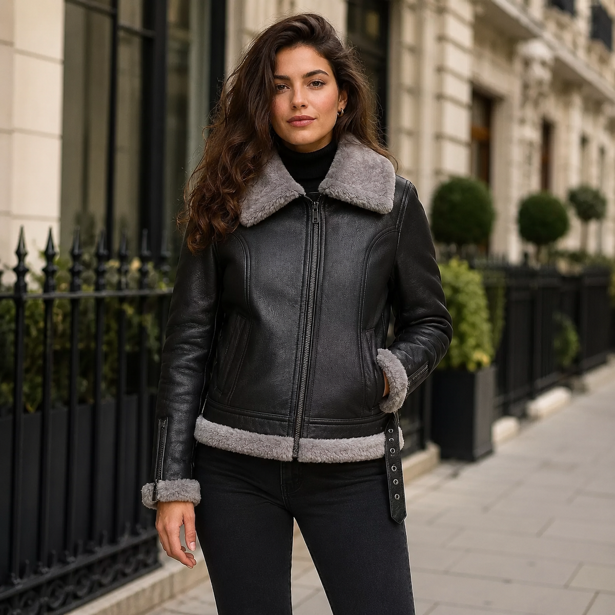 Women's Black Shearling Leather Jacket | Gray Faux Fur Collar