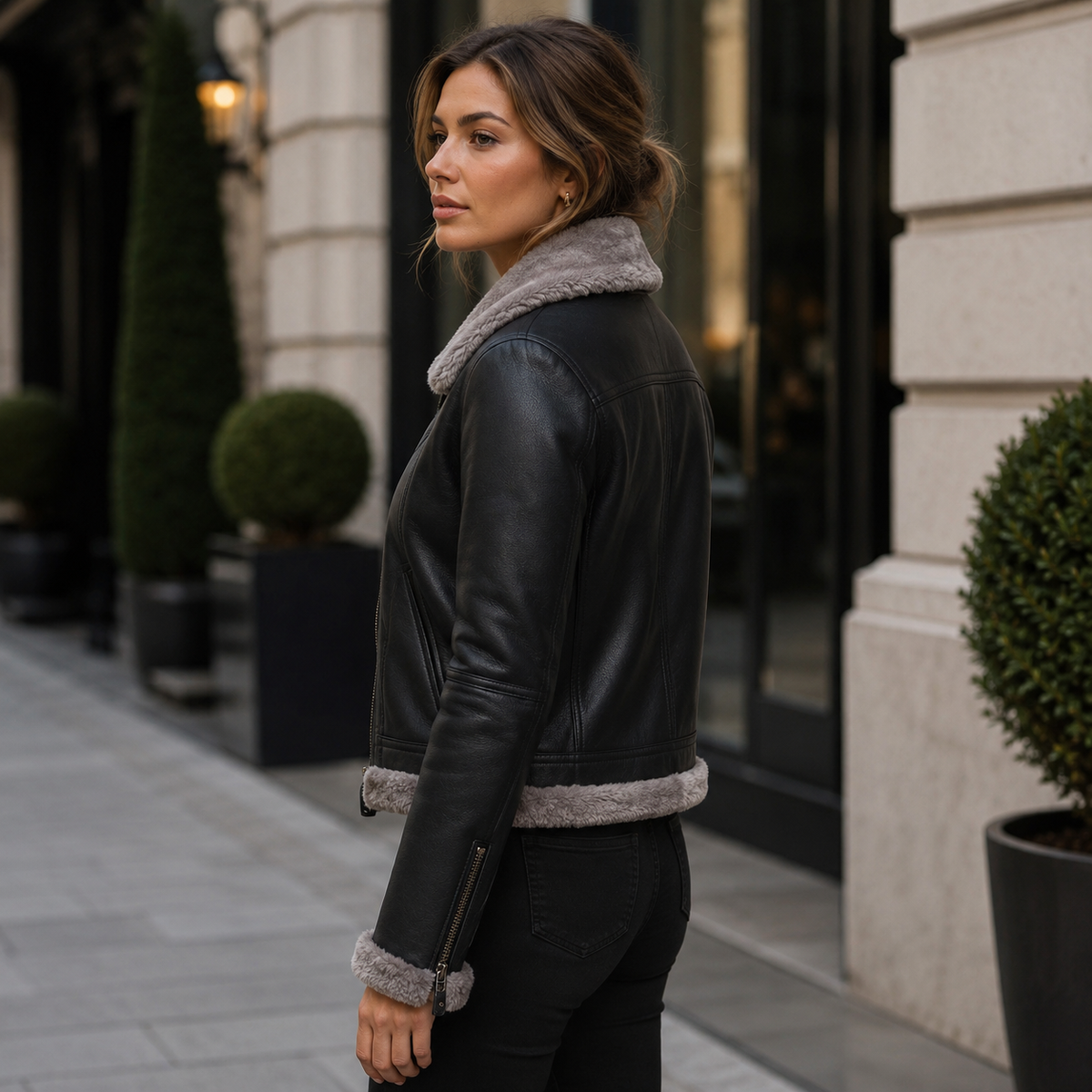 Women's Black Shearling Leather Jacket | Gray Faux Fur Collar
