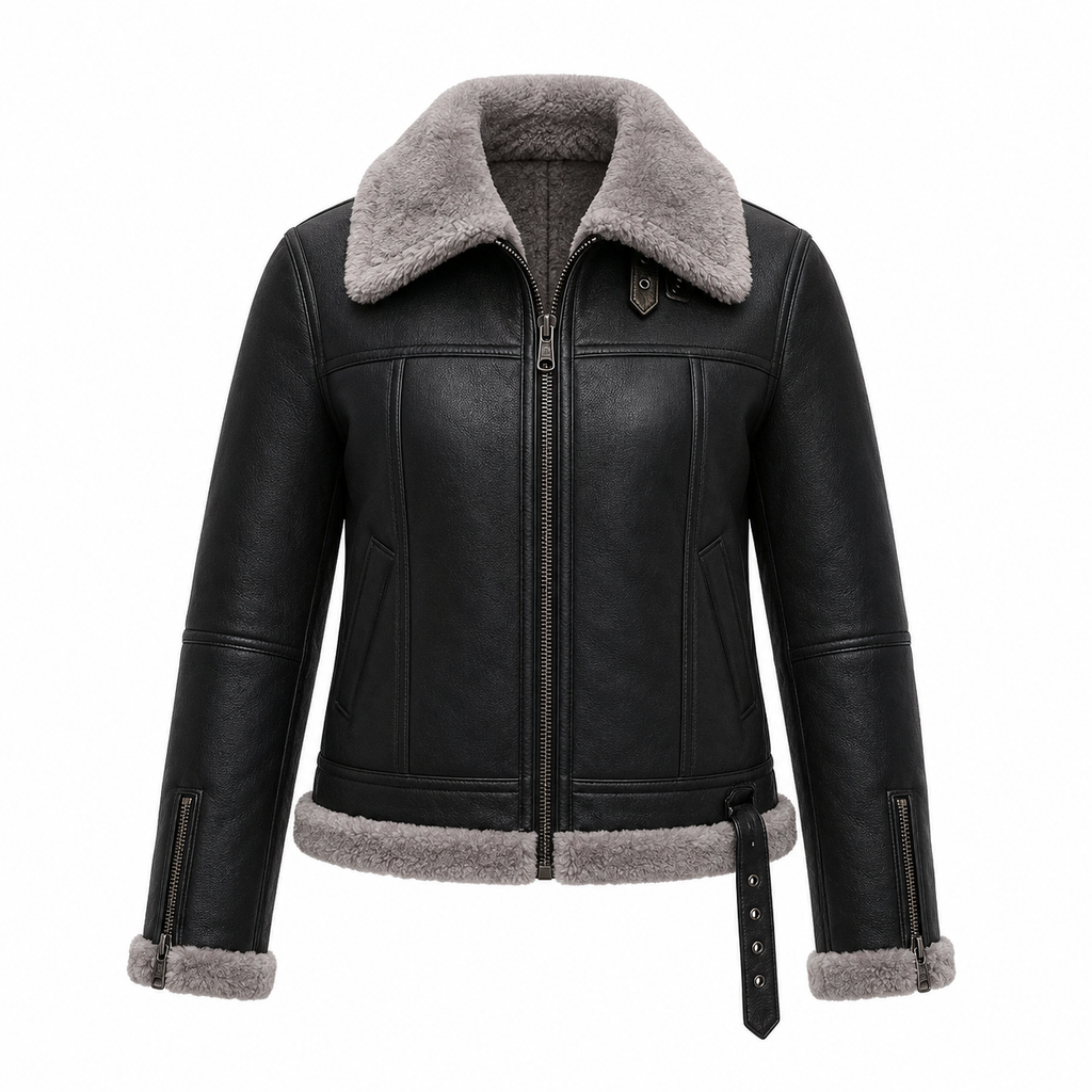 Women's Black Shearling Leather Jacket | Gray Faux Fur Collar