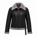 Women's Black Shearling Leather Jacket | Gray Faux Fur Collar