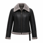 Women's Black Shearling Leather Jacket | Gray Faux Fur Collar