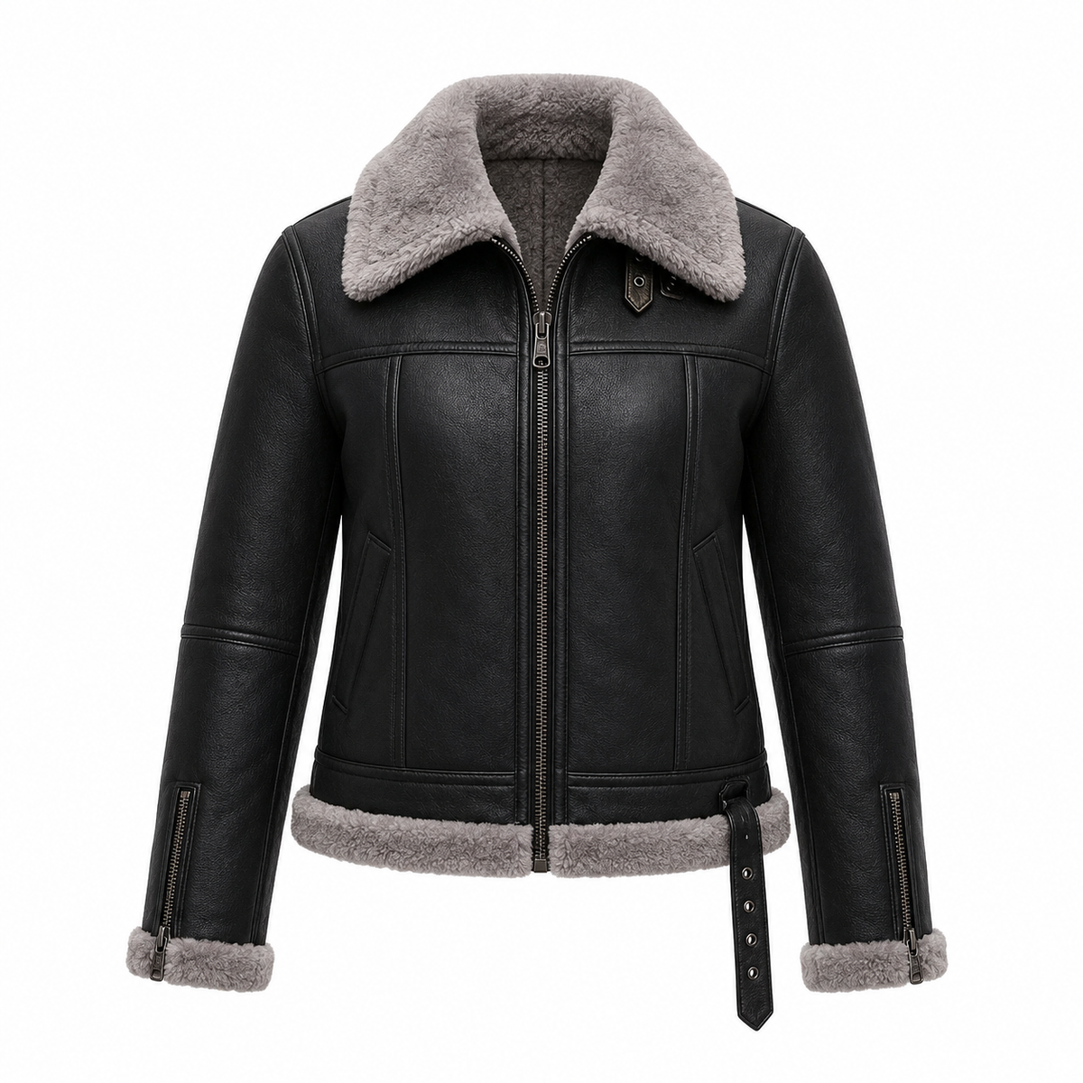 Women's Black Shearling Leather Jacket | Gray Faux Fur Collar