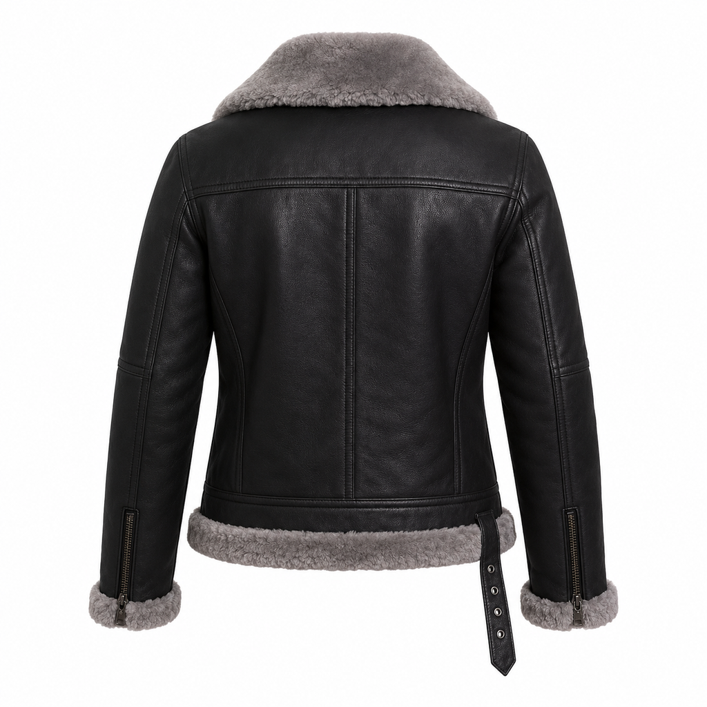 Women's Black Shearling Leather Jacket | Gray Faux Fur Collar