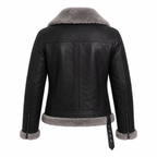 Women's Black Shearling Leather Jacket | Gray Faux Fur Collar