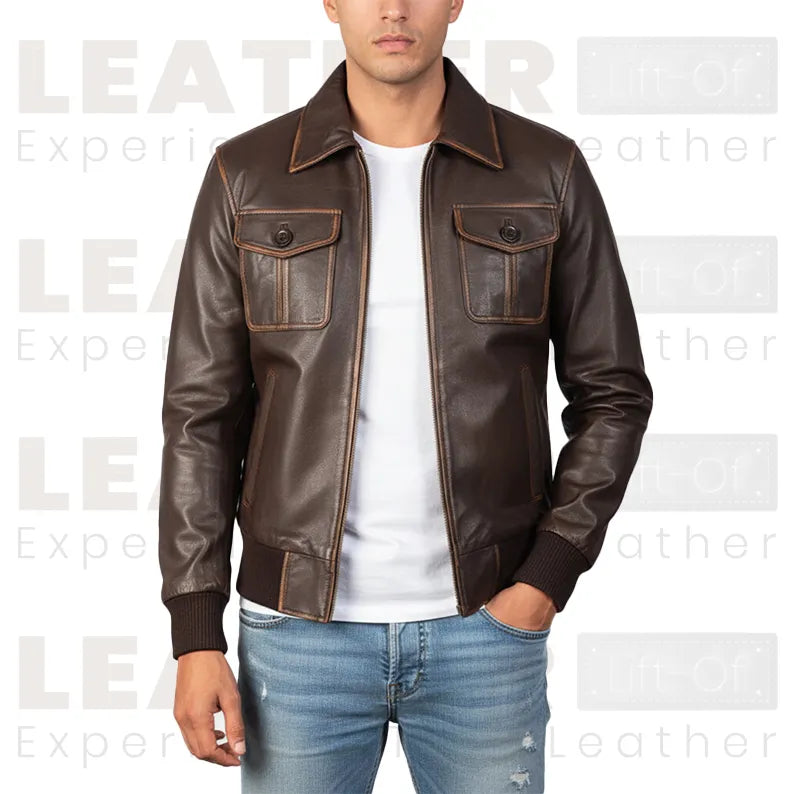 Men’s Brown Leather Utility Bomber Jacket with Flap Pockets