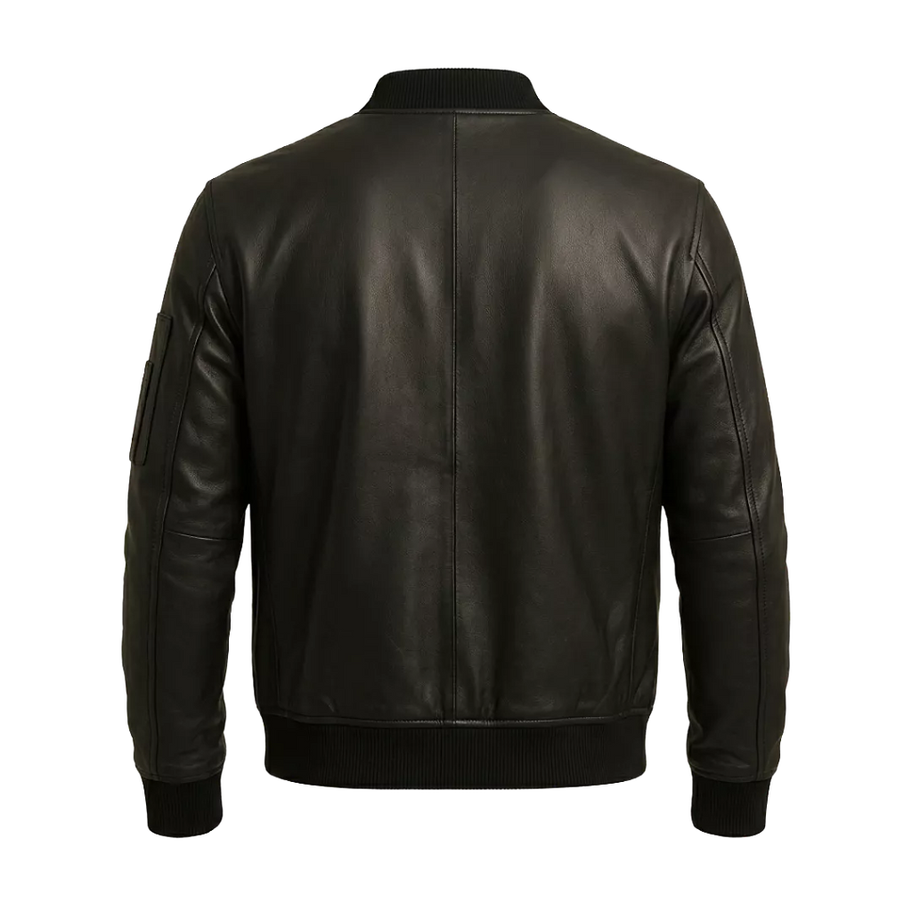 Men’s Black Leather Bomber Jacket with Utility Sleeve Pocket