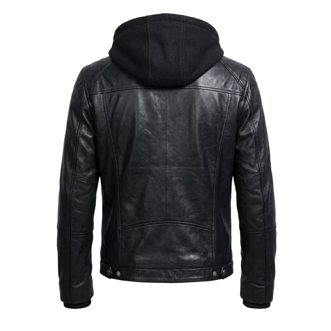 Men’s Black Leather Hooded Biker Jacket | Moto Style