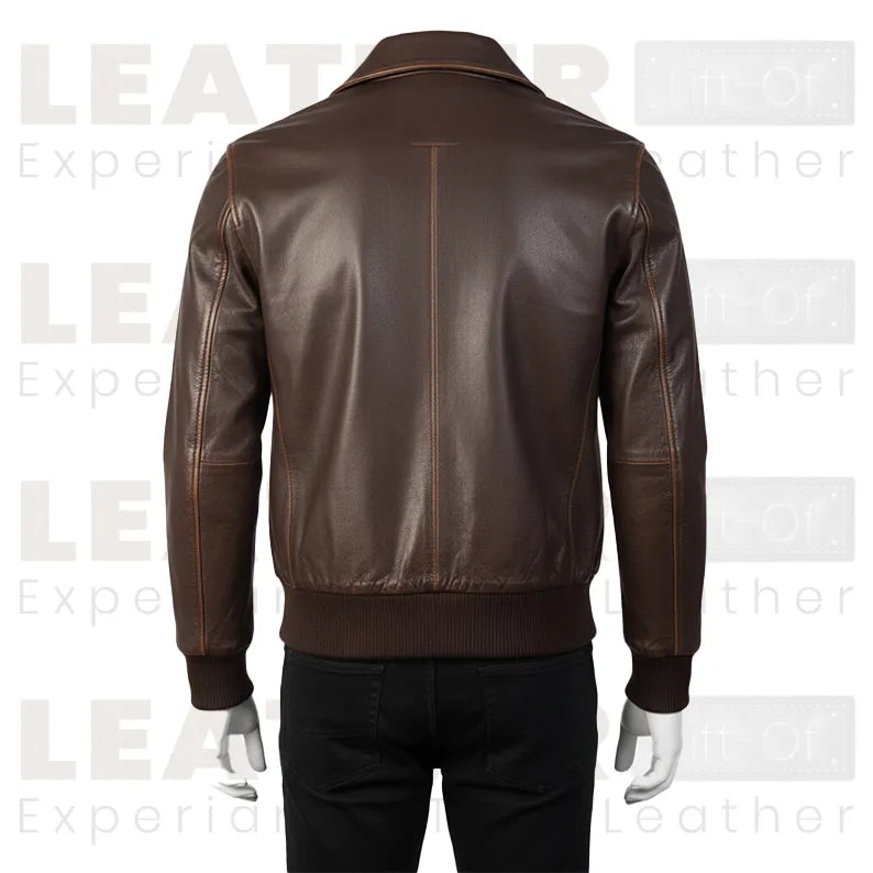 Men’s Brown Leather Utility Bomber Jacket with Flap Pockets