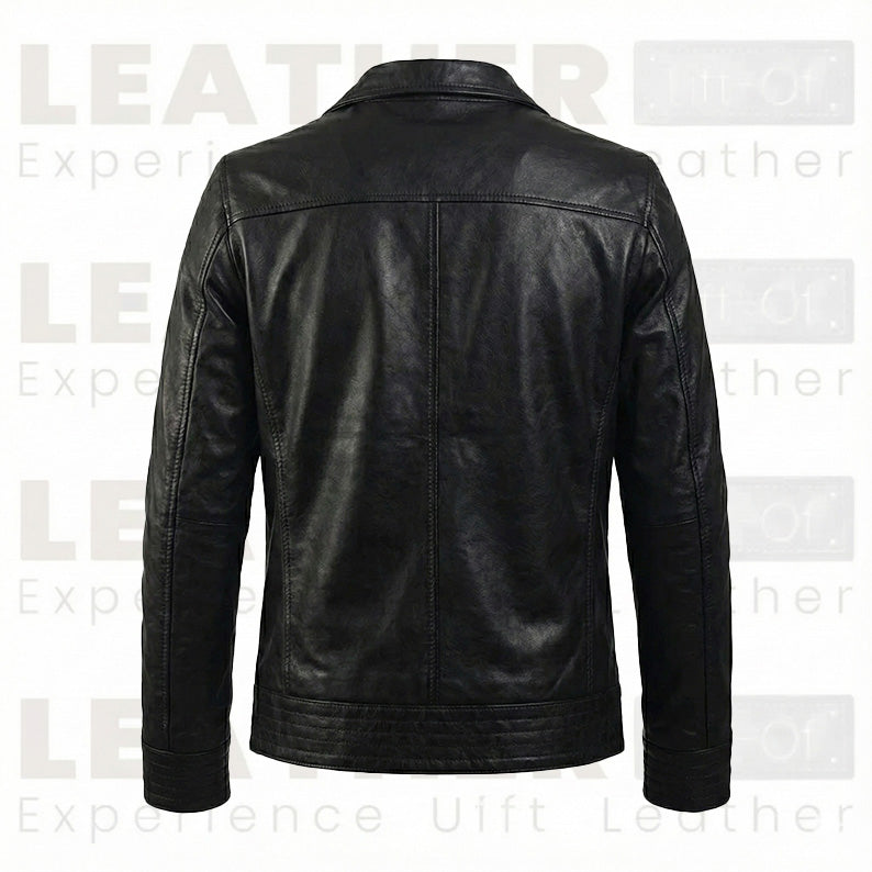 Men’s Black Cafe Racer Leather Jacket with Front Zip Closure