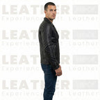 Men’s Black Cafe Racer Leather Jacket with Front Zip Closure