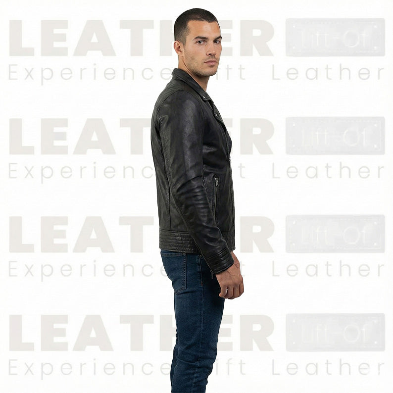 Men’s Black Cafe Racer Leather Jacket with Front Zip Closure