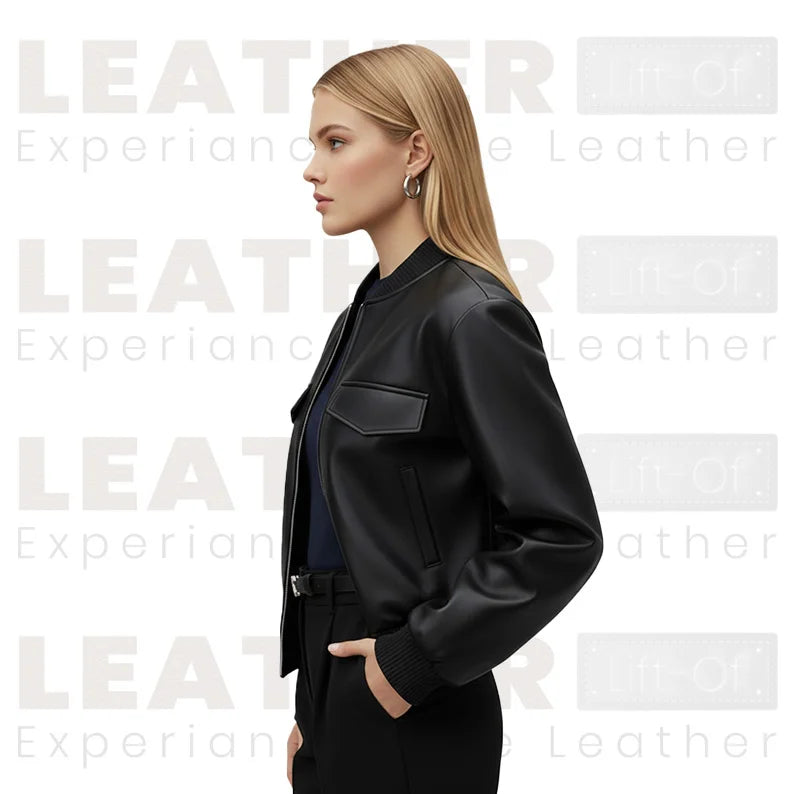 Women’s Minimal Faux Leather Bomber Jacket | Classic Black Everyday Style