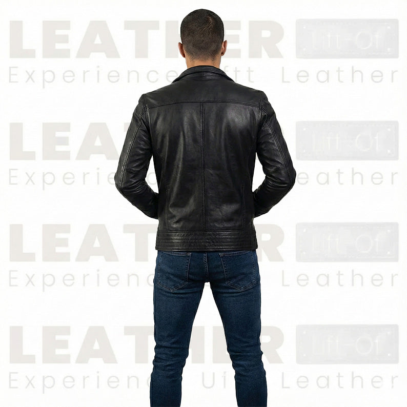 Men’s Black Cafe Racer Leather Jacket with Front Zip Closure