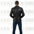 Men’s Black Cafe Racer Leather Jacket with Front Zip Closure