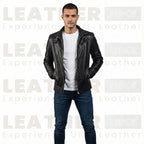 Men’s Black Cafe Racer Leather Jacket with Front Zip Closure
