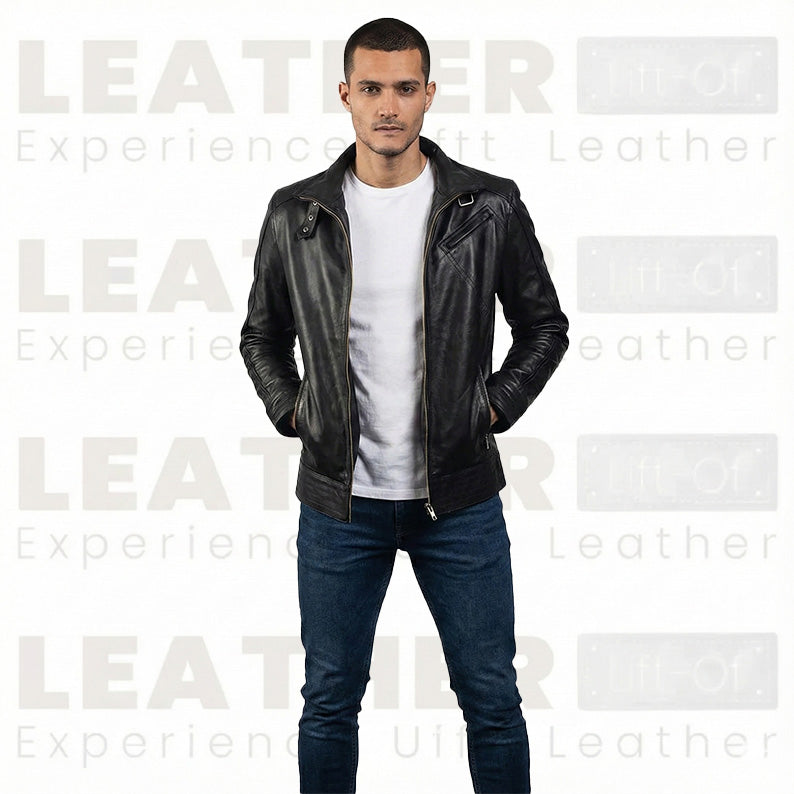 Men’s Black Cafe Racer Leather Jacket with Front Zip Closure