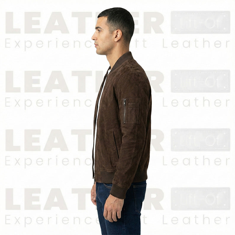 Men’s Premium Chocolate Suede Leather Bomber Jacket – Urban Minimalist Style