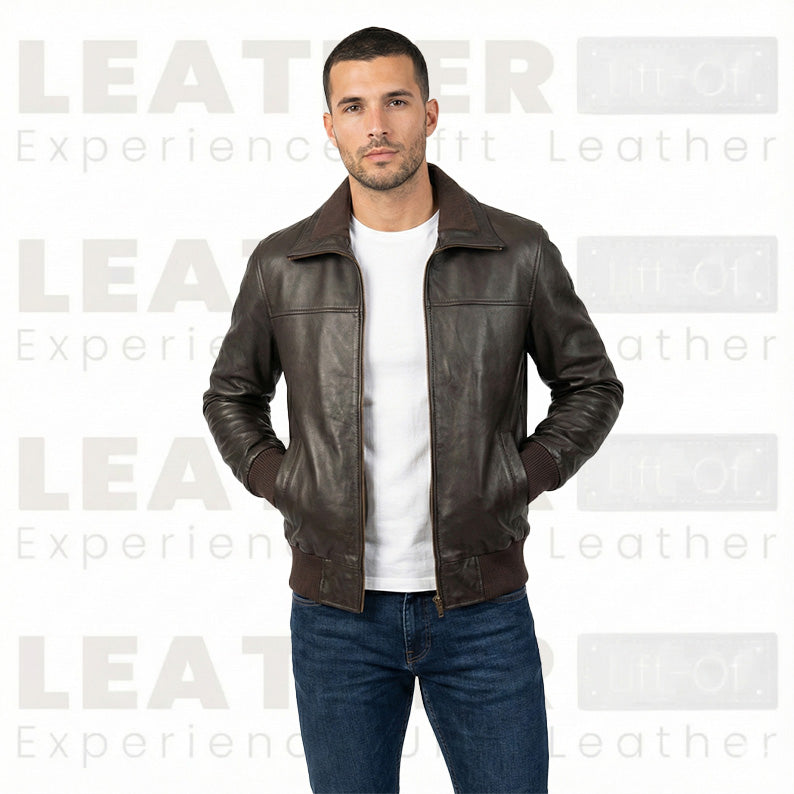 Men’s Classic Dark Brown Leather Bomber Jacket – Handcrafted Premium Leather