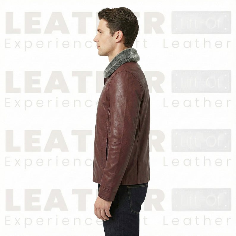 Men’s Premium Burgundy Leather Aviator Jacket with Faux Fur Collar