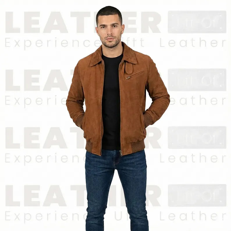 Men’s Chocolate Suede Bomber Jacket - Premium Goatskin Suede