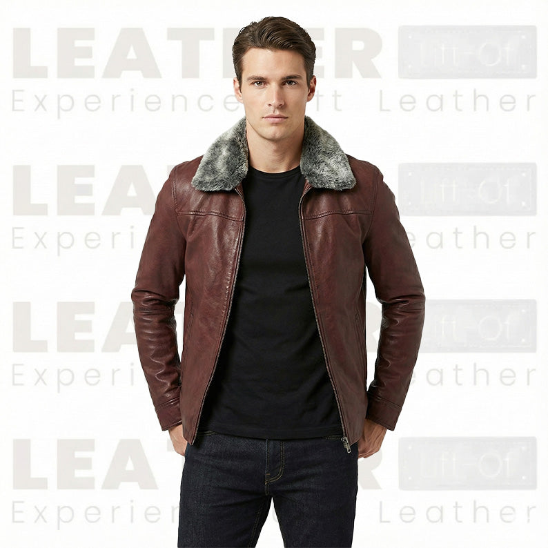 Men’s Premium Burgundy Leather Aviator Jacket with Faux Fur Collar