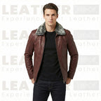 Men’s Premium Burgundy Leather Aviator Jacket with Faux Fur Collar