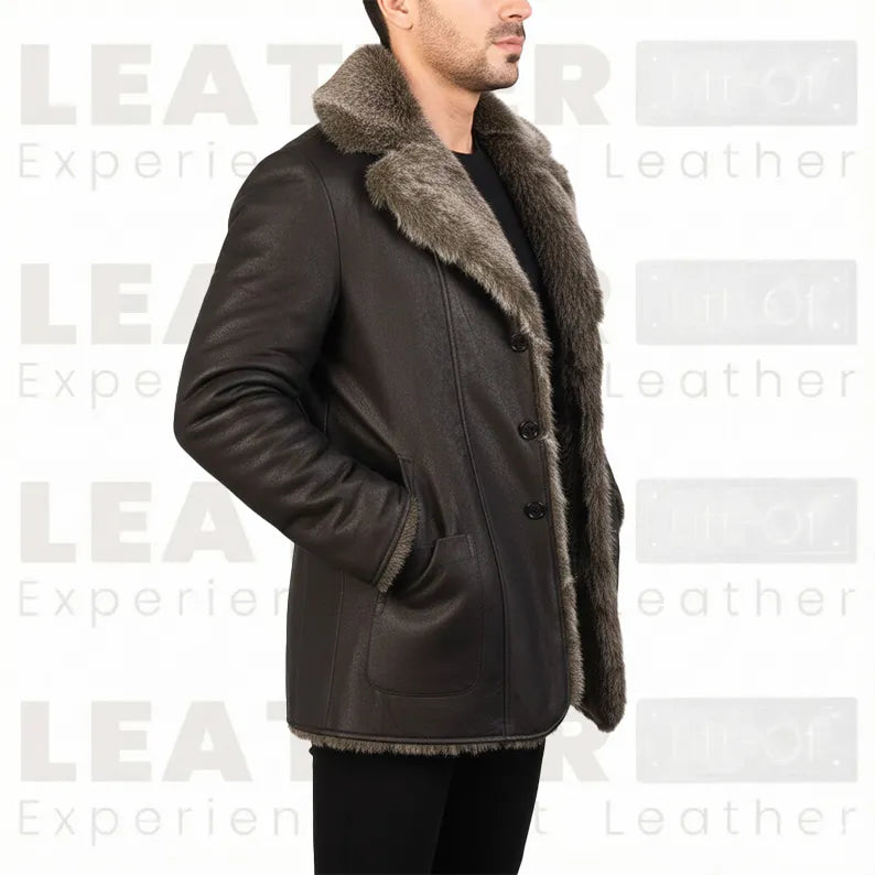 The "Aspen" Shearling Car Coat | Handcrafted Leather in Dark Walnut