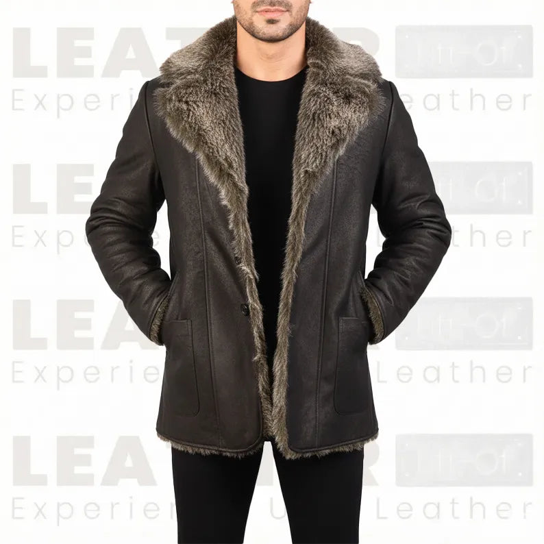 The "Aspen" Shearling Car Coat | Handcrafted Leather in Dark Walnut