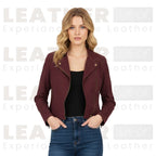 Women’s Burgundy Cropped Leather Jacket | Classic Zip Moto Style