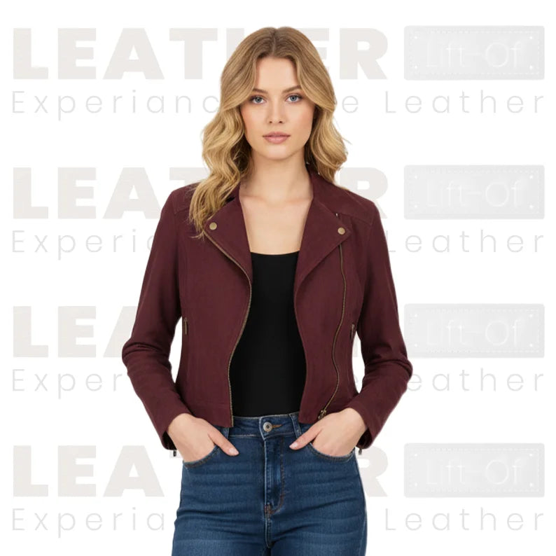 Women’s Burgundy Cropped Leather Jacket | Classic Zip Moto Style
