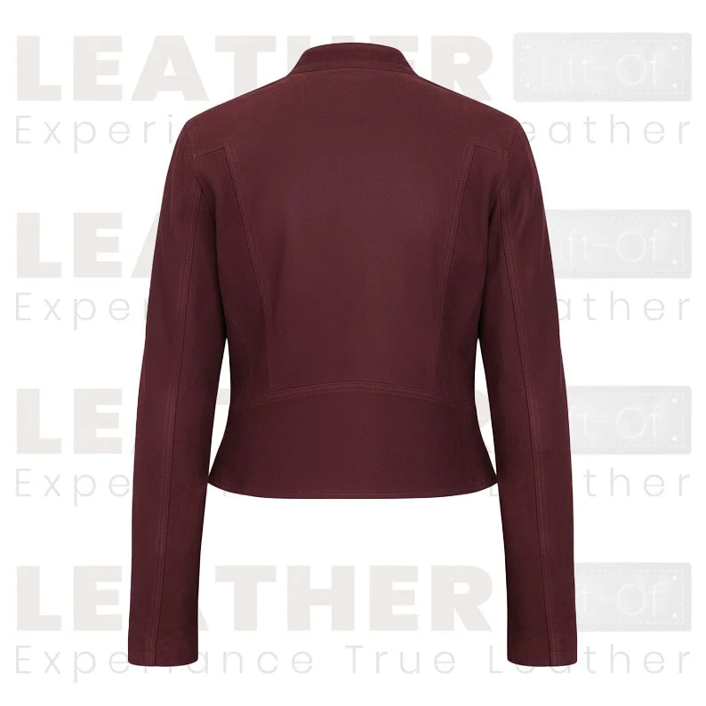 Women’s Burgundy Cropped Leather Jacket | Classic Zip Moto Style