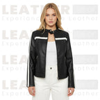 Women’s Black & White Color | Block Faux Leather Moto Jacket