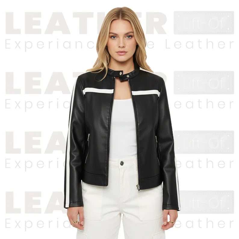 Women’s Black & White Color | Block Faux Leather Moto Jacket