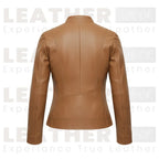 Women’s Tan Leather Jacket | Front Zip Moto Style