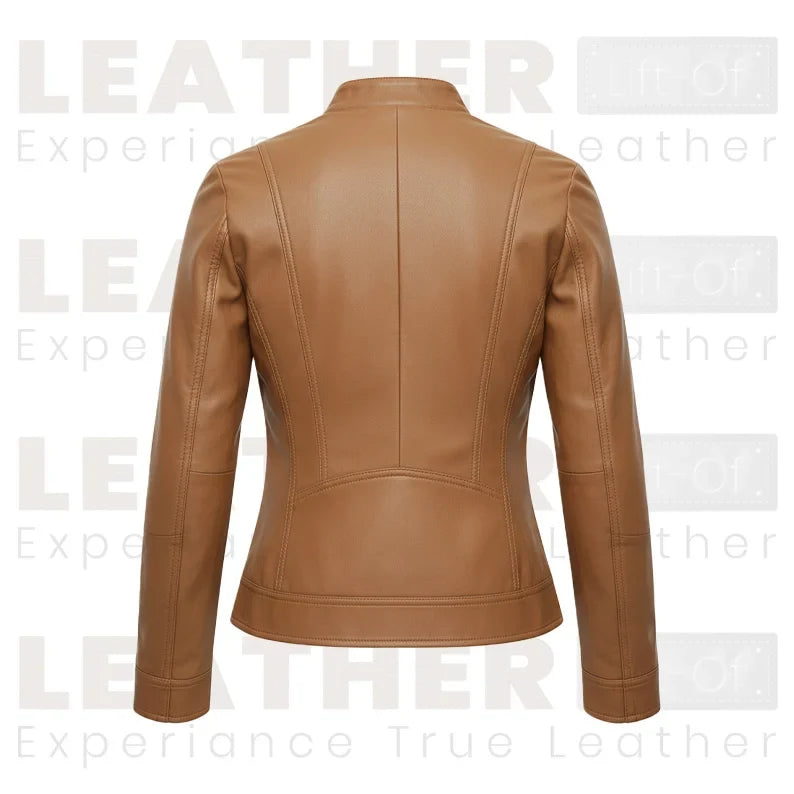 Women’s Tan Leather Jacket | Front Zip Moto Style