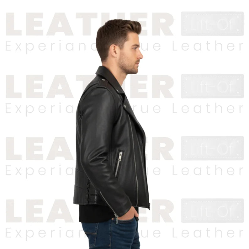Black Premium Moto Biker Leather Jacket with Side Lace Detailing