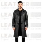 Men’s Black Hooded Leather Trench Coat – Long Gothic Style Leather Coat