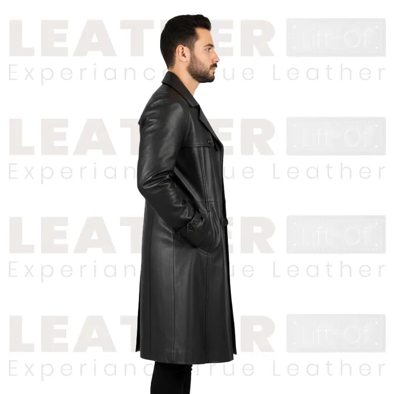 Men’s Black Hooded Leather Trench Coat – Long Gothic Style Leather Coat