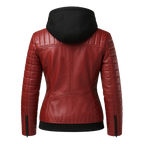 Women’s Red Hooded Leather Biker Jacket | Quilted Moto Jacket