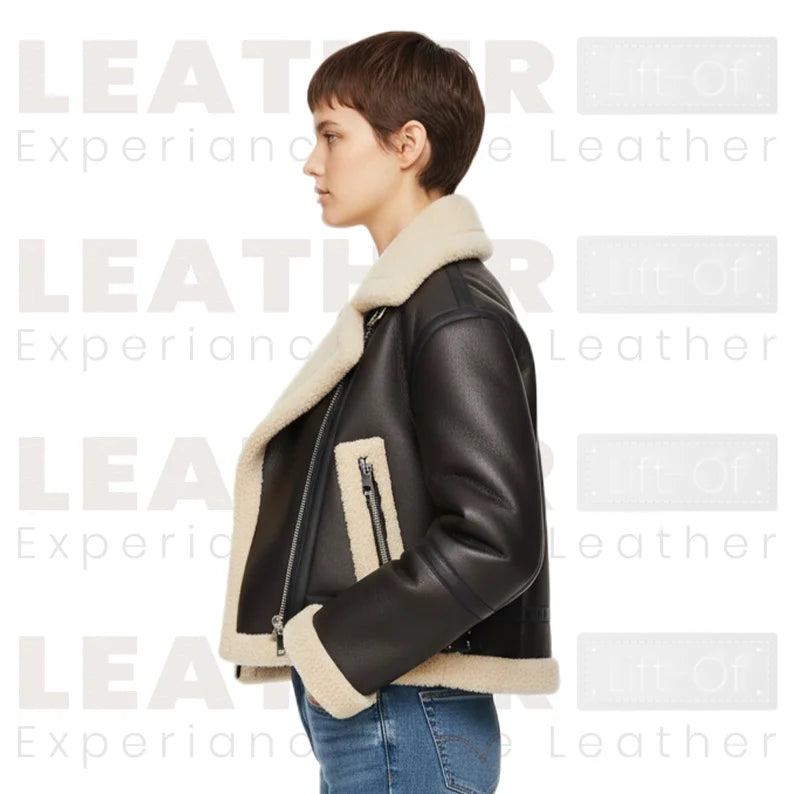 Women’s Shearling Collar Leather Jacket | Chocolate Brown Winter Coat