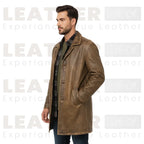 LP-FACON Men’s Vintage Mid-Length Genuine Leather Trench Coat – 34" Classic Car Coat