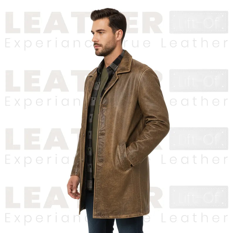 LP-FACON Men’s Vintage Mid-Length Genuine Leather Trench Coat – 34" Classic Car Coat