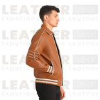 Men’s Cognac Brown Leather Racer Jacket | Striped Zip-Up Bomber Style