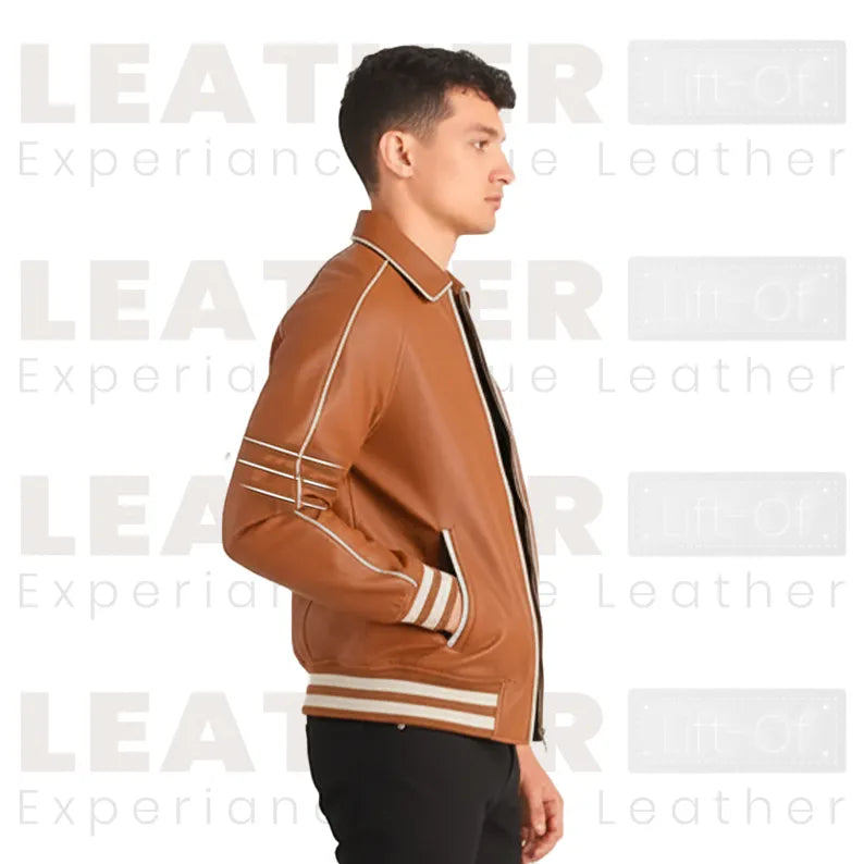 Men’s Cognac Brown Leather Racer Jacket | Striped Zip-Up Bomber Style