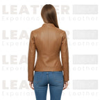 Women’s Tan Leather Jacket | Front Zip Moto Style