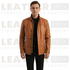 Men’s Tan Brown Leather Jacket – Classic Stand Collar Leather Coat for Casual & Smart Wear