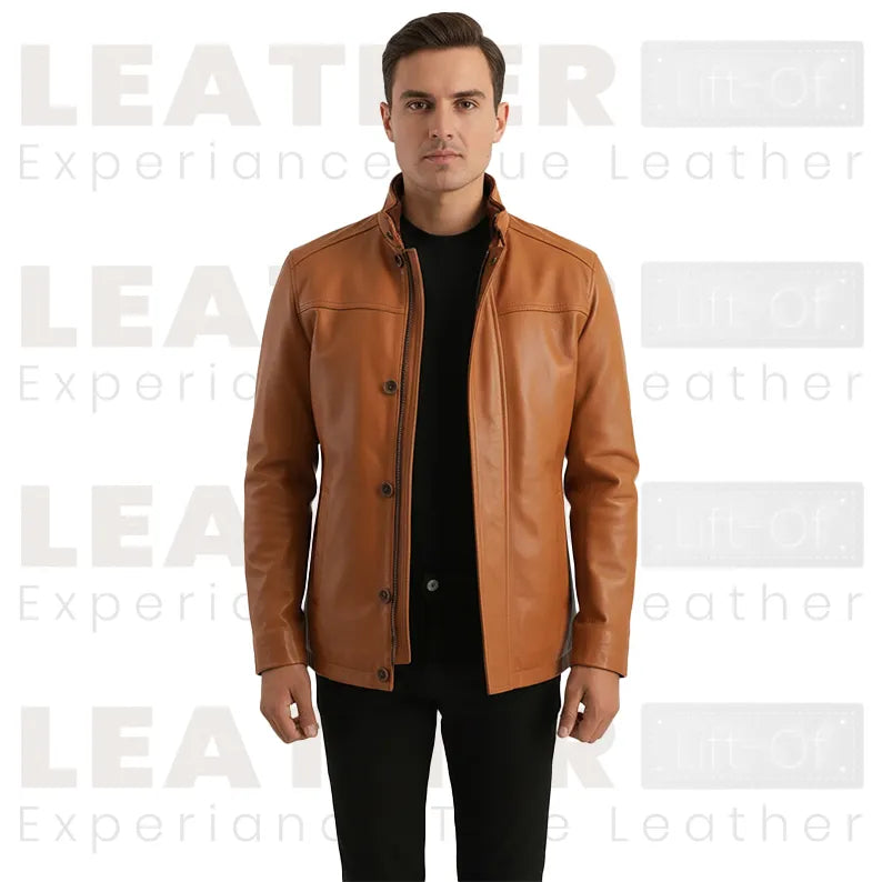 Men’s Tan Brown Leather Jacket – Classic Stand Collar Leather Coat for Casual & Smart Wear
