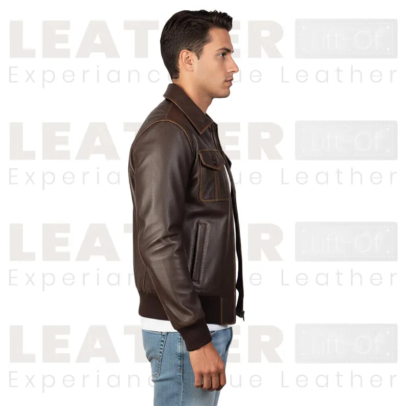 Men’s Brown Leather Utility Bomber Jacket with Flap Pockets