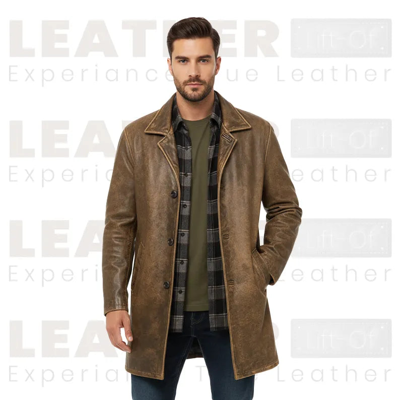 LP-FACON Men’s Vintage Mid-Length Genuine Leather Trench Coat – 34" Classic Car Coat