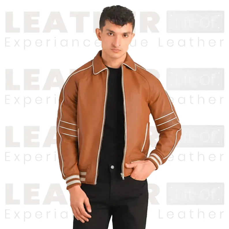 Men’s Cognac Brown Leather Racer Jacket | Striped Zip-Up Bomber Style